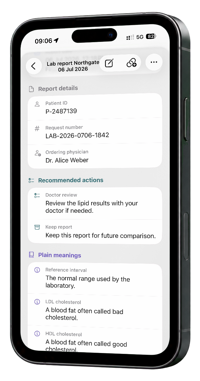 Aktuelle App-Ansicht mit den wichtigsten Aussagen eines Schreibens.