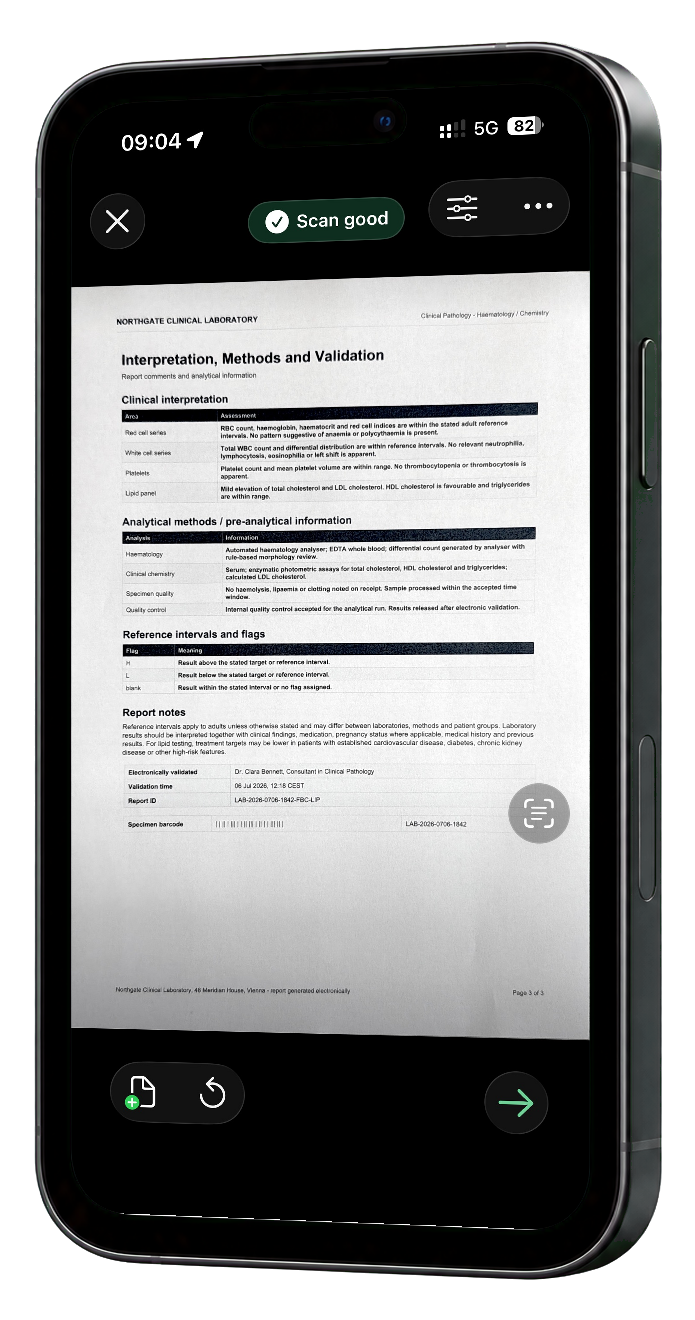 Aktuelle App-Ansicht zum Scannen eines Dokuments.