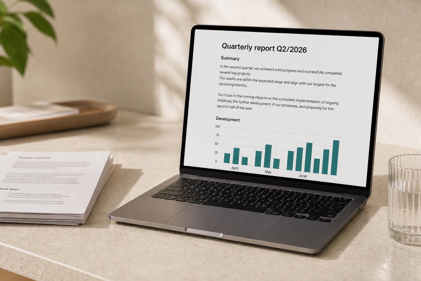 Laptop con un report PDF e un grafico impaginati in modo realistico.