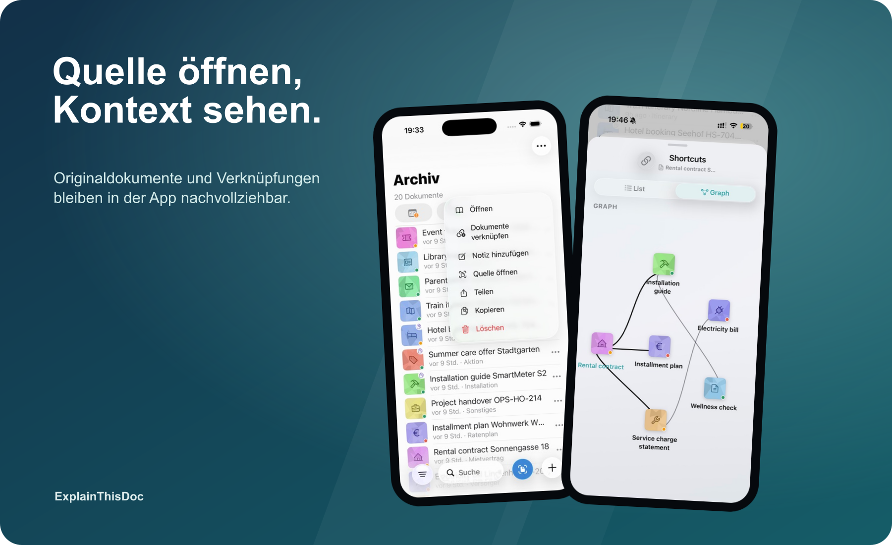 ExplainThisDoc zeigt Zusammenhänge zwischen Mietvertrag, Rechnung, Installationszettel und Nachweisen.