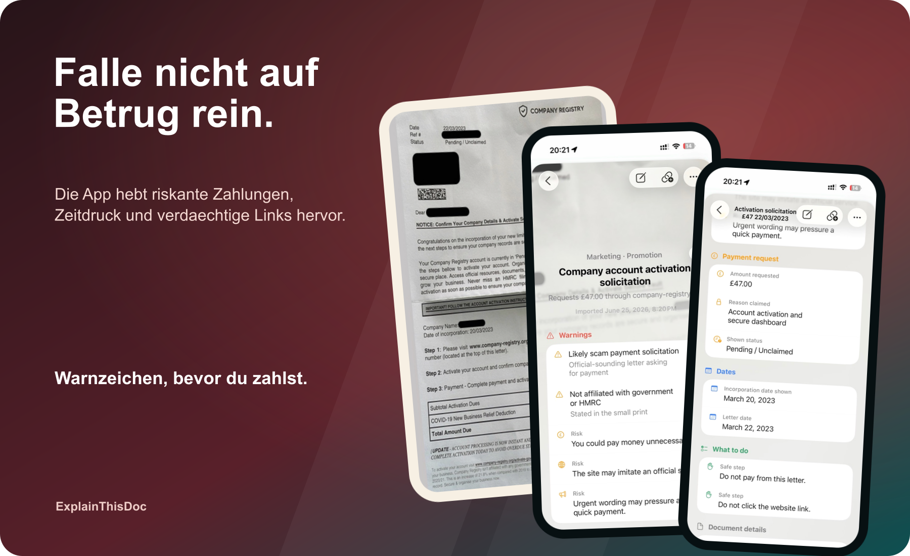 Warnung vor verdächtiger Zahlungsaufforderung mit hervorgehobenen Risiken und nächsten Schritten.