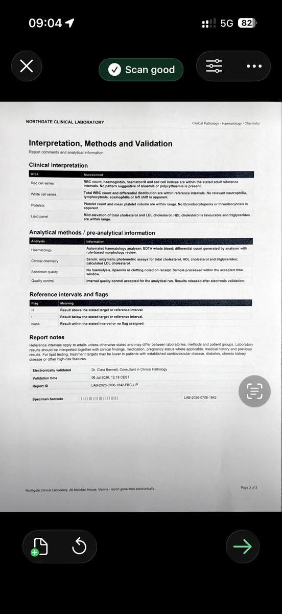 Ein gescannter Bericht wird in ExplainThisDoc vor dem Import geprüft.