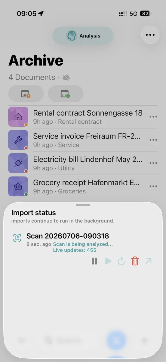 ExplainThisDoc analysiert einen importierten Scan und zeigt den Verarbeitungsstatus.