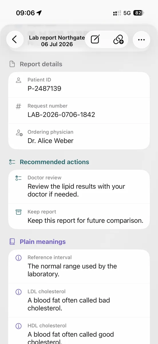 ExplainThisDoc erklärt Patientendaten, Referenzwerte, Begriffe und empfohlene Aktionen.