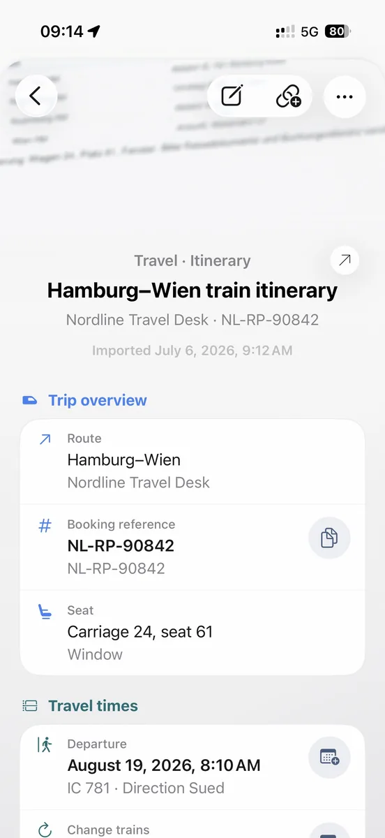 ExplainThisDoc zeigt eine Reiseunterlage mit übersichtlichen Abschnitten.