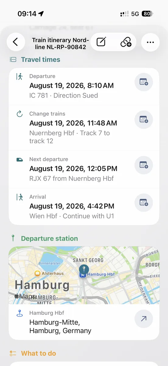 Eine Reiseunterlage mit Datum, Uhrzeit, Ort und Kartenaktion in ExplainThisDoc.