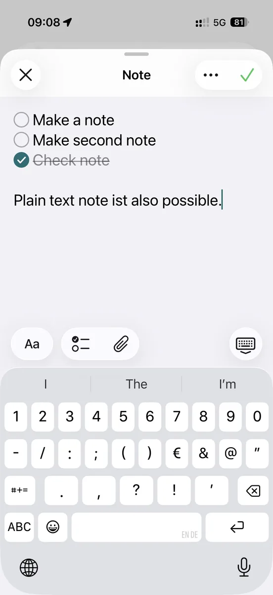 Eine Notiz mit Checkliste und Freitext wird in ExplainThisDoc ergänzt.
