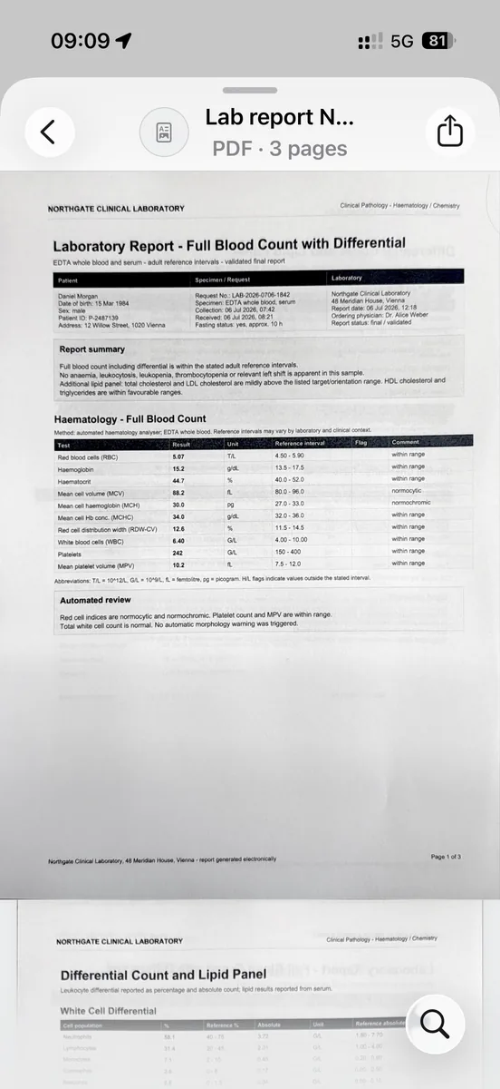 Originalscan eines Laborberichts wird in ExplainThisDoc angezeigt.