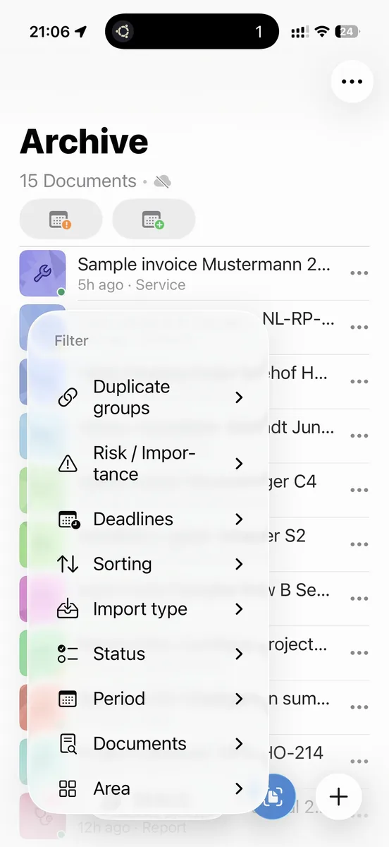 Leistungsstarke Suche und Filter im ExplainThisDoc Archiv für Risiken, Fristen, Importtyp und Dokumentstatus.