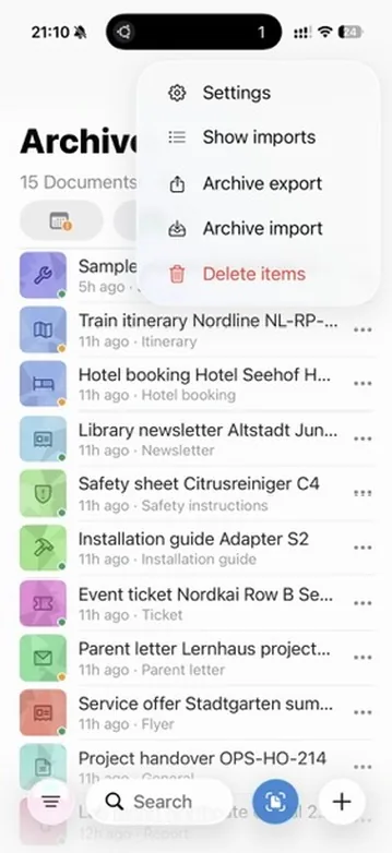 ExplainThisDoc Menü mit Archiv-Import, Archiv-Export und Importanzeige.