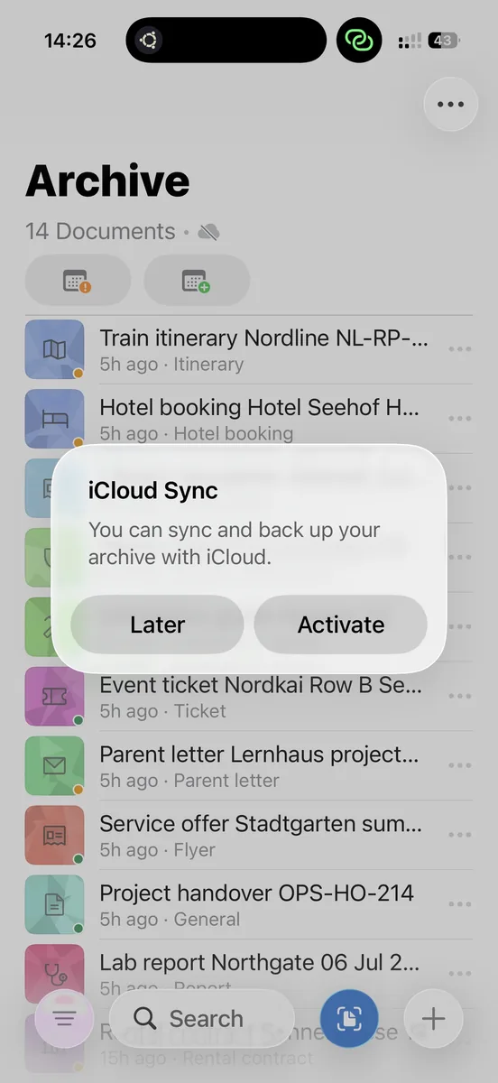 ExplainThisDoc zeigt einen iCloud-Sync-Dialog zum Sichern und Synchronisieren des Archivs.